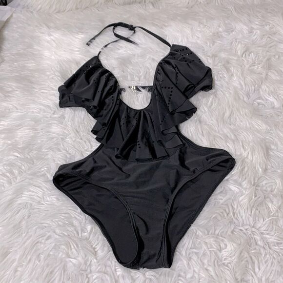 ONE PIECE swimsuit plunging Vneck ruffles tie at neck back strap sz L - Picture 8 of 8